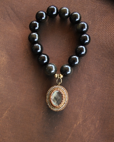 Golden Obsidian & Mother Of Pearl Charm Stretch Bracelet