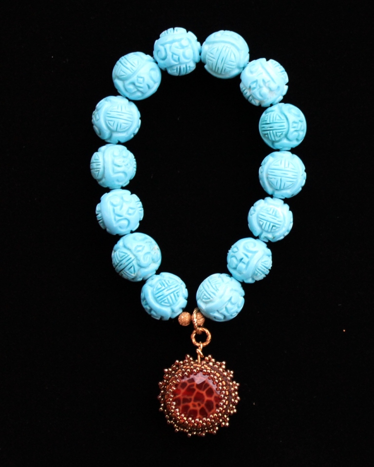 Carved Turquoise and Fire Agate Charm Bracelet
