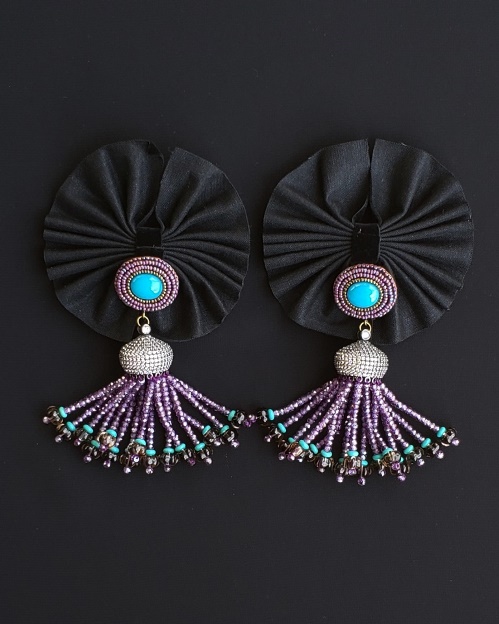 Turquoise Jade, Smoky Quartz and Purple Zirconia Tassle Earrings