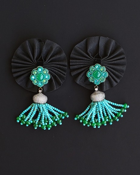 Green Onyx & Turquoise Color Beads Tassel Earrings