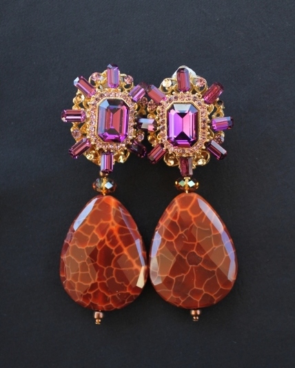 Fire Agate & Amethyst Crystal Earrings