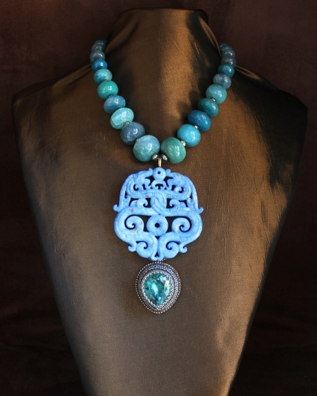 Carved Denim Color Jade, Aqua Quartz & Agate Rondelle Necklace