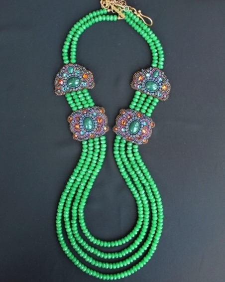 4 Strand Green Agate Double Panel Necklace
