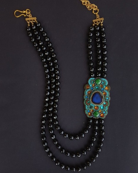 Black Onyx & Ceramic Lapis Side Panel Necklace