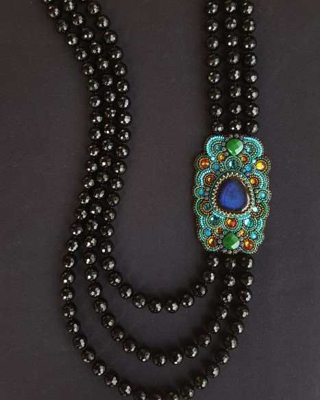 Black Onyx & Ceramic Lapis Side Panel Necklace