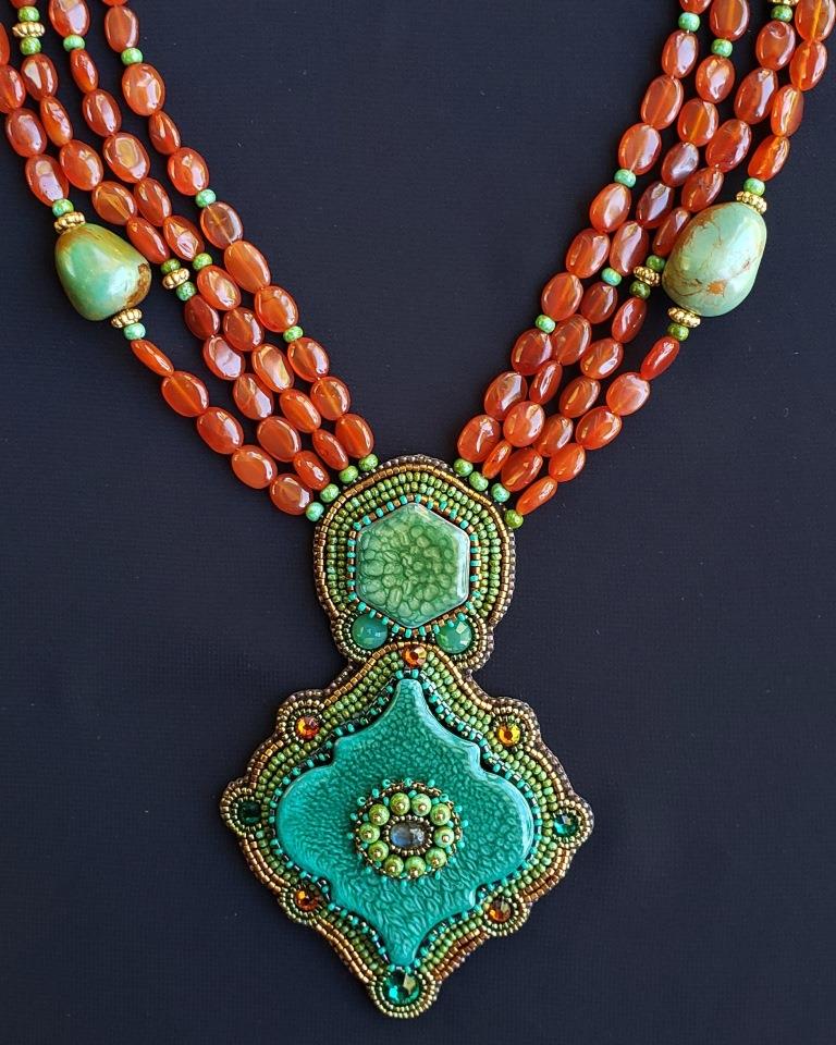 Ceramic Handpainted Tiles, Turquoise Nuggets & Carnelian Necklac
