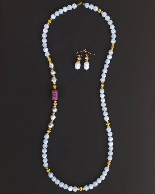 Blue Lace Agate, CZ Fuchsia Necklace & Earrings Set